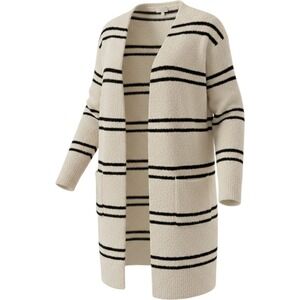 &. Layered Women Cream Navy Black Striped Open Front Longline Cardigan Sweater M